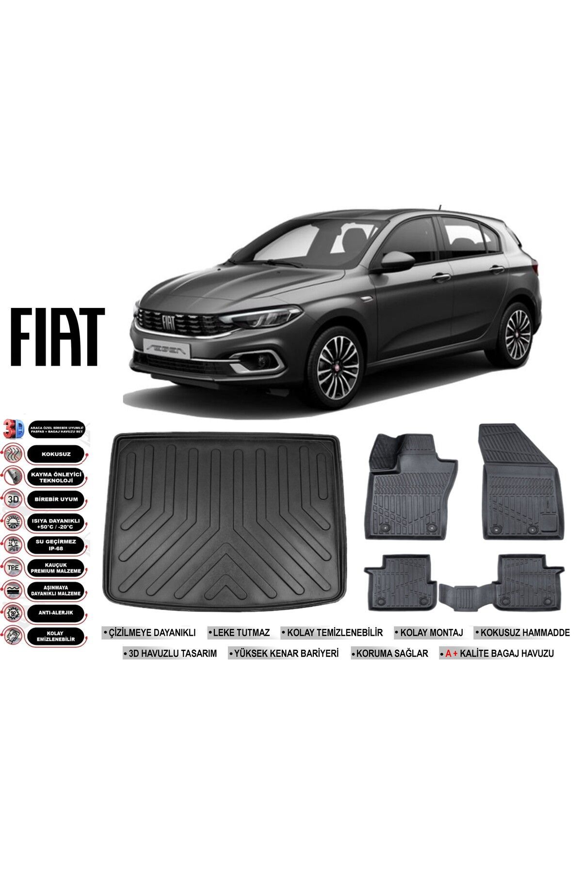 Fiat Egea Hatchback 2023 Model Tamir Kitli Bagaj Havuzu Araca Özel Siyah Extra Havuzlu Paspas Takımı