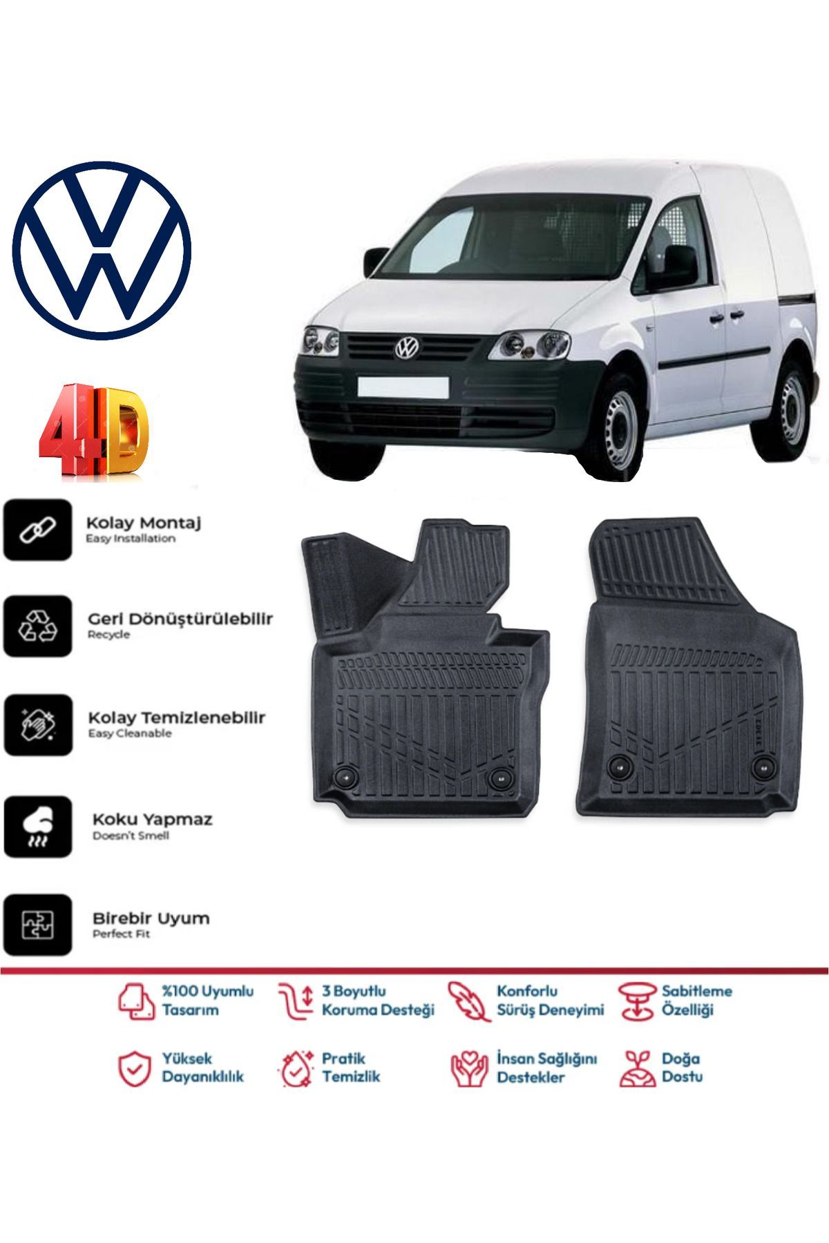 Volkswagen Caddy 2002-2010 4.5D Plus Havuzlu Siyah Paspas Takımı Yumuşak