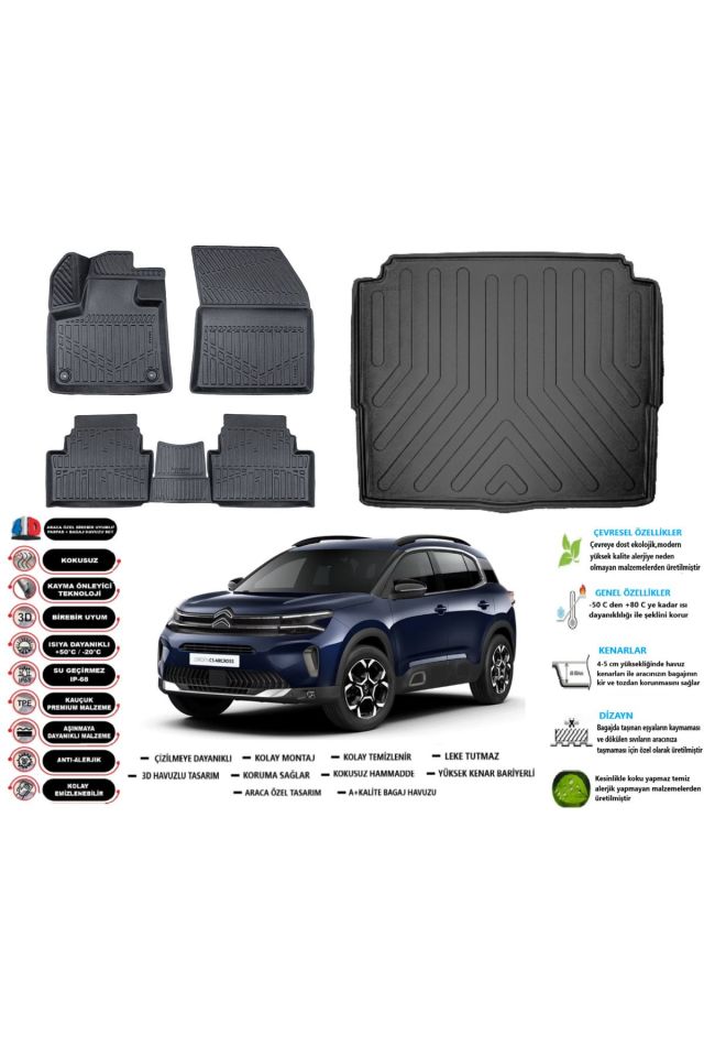 Citroen C5 Aircross 2024 Model Alt Esnek Bagaj Havuzu Araca Özel Siyah Paspas Takımı