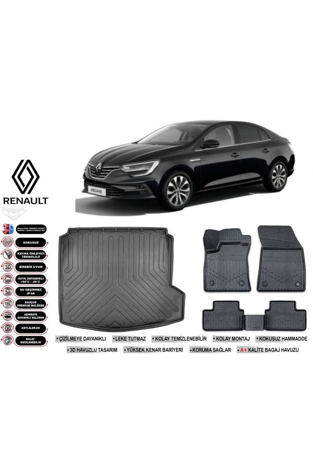 Renault Megane 4 2019 Model Sağ Kulak Bagaj Havuzu Araca Özel Siyah Extra Havuzlu Paspas Takımı