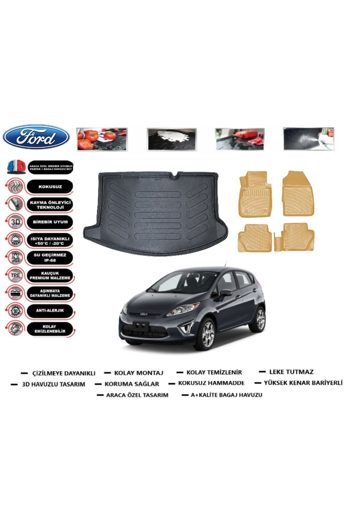 Ford Fiesta 2013 Model Bagaj Havuzu+Araca Özel Bej Paspas Takımı Flex