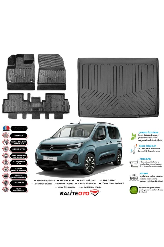 Opel Combo 2024 Model Seperatörlü Esnek Bagaj Havuzu Araca Özel Siyah Paspas Takımı