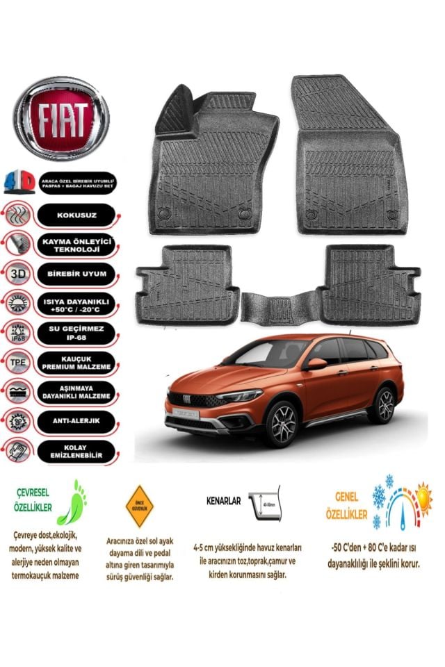 Fiat Egea Cross Vagon 2020 Model  Uyumlu 4D Araca Özel Havuzlu Kokusuz Paspas Takımı