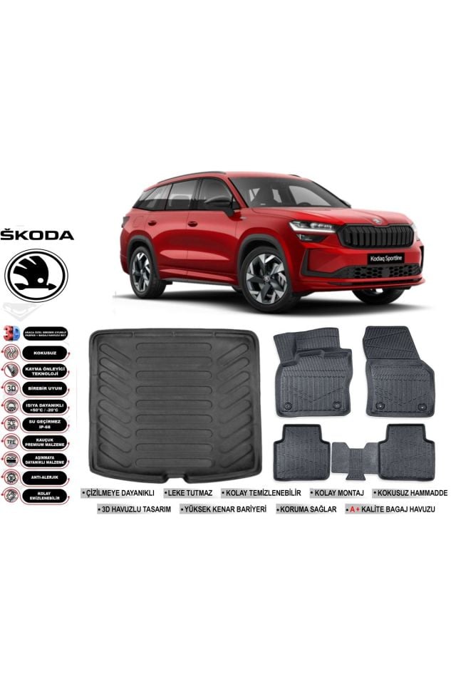 Skoda Kodiaq 2024 Model Bagaj Havuzu Araca Özel Siyah Havuzlu Paspas Takımı Sett