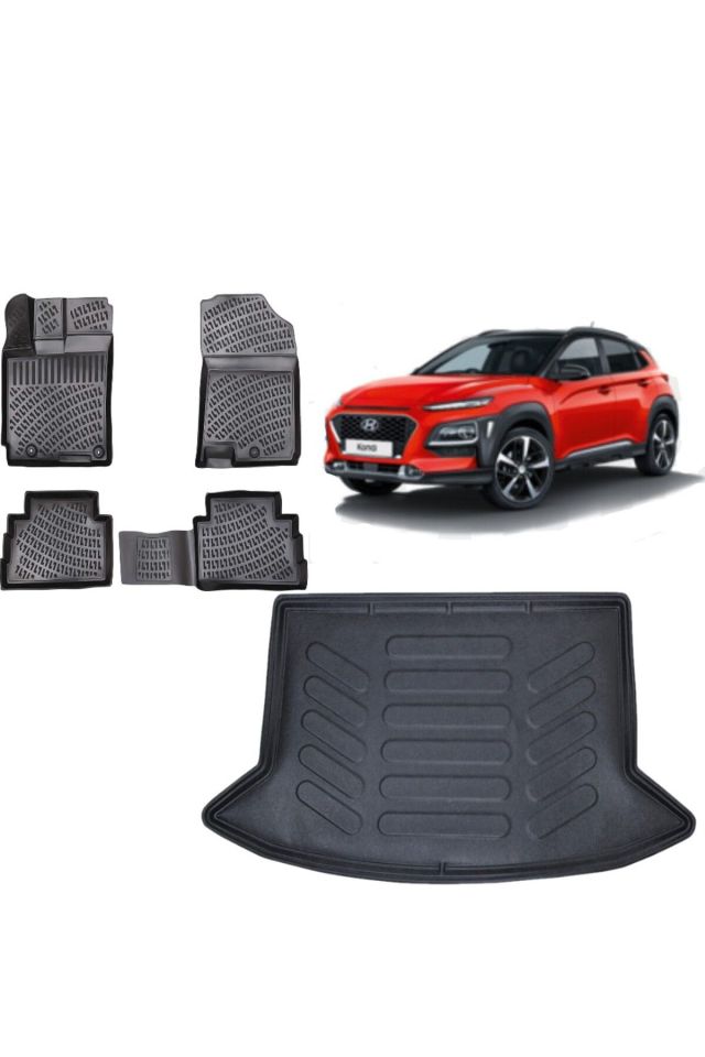 Hyundai Kona 2023 Model (ÇİFT CEPLİ) 3D Bagaj Havuzu+3D Havuzlu Araca Özel Paspas Takımı