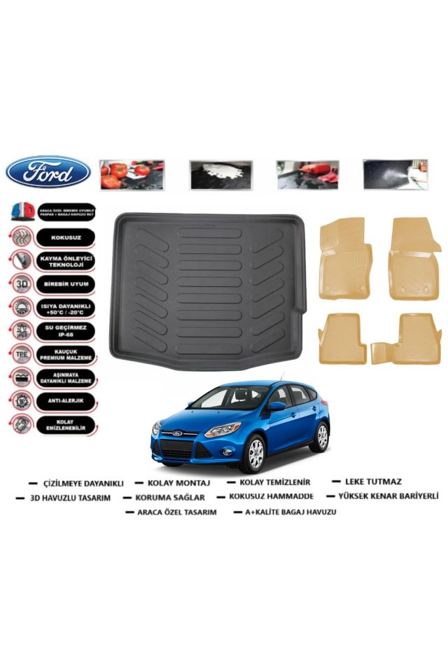 Ford Focus 3 Hb 2013 Model Bagaj Havuzu+Araca Özel Bej Paspas Takımı Flex