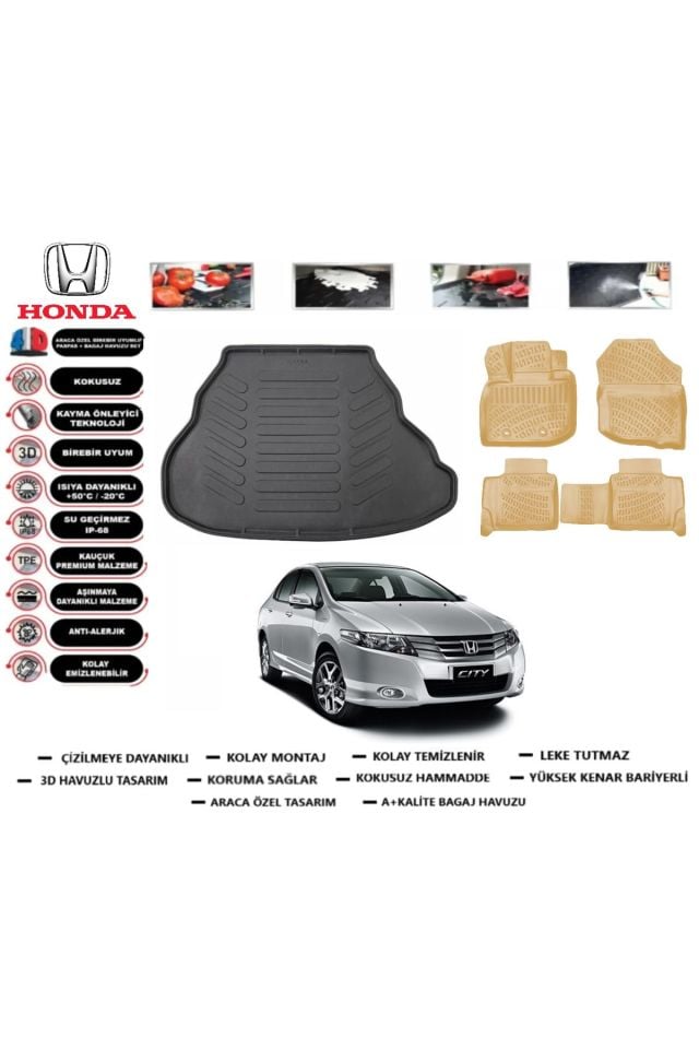 Honda City 2011 Model Bagaj Havuzu+Araca Özel Bej Paspas Takımı Flex
