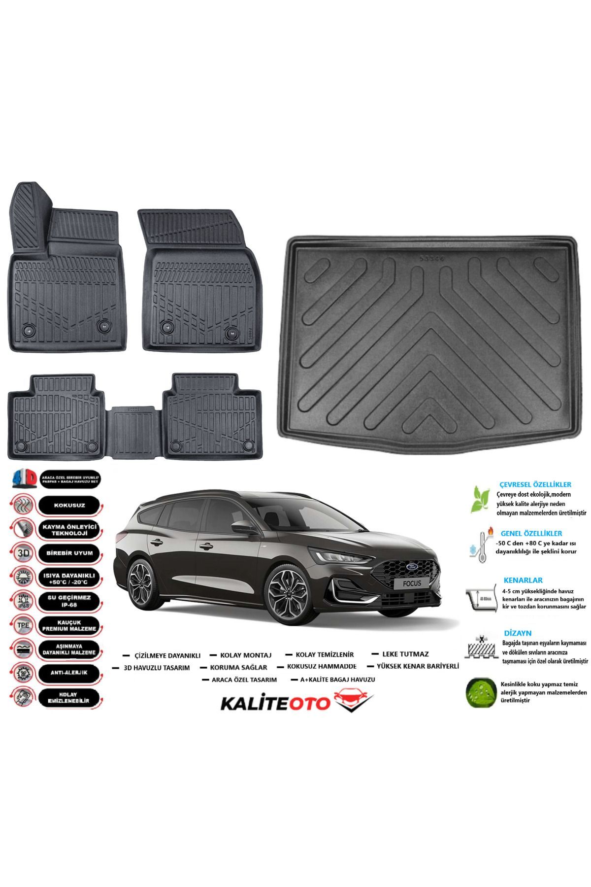 Ford Focus 5 STW 2019 Model Alt Esnek Bagaj Havuzu Araca Özel Siyah Paspas Takımı