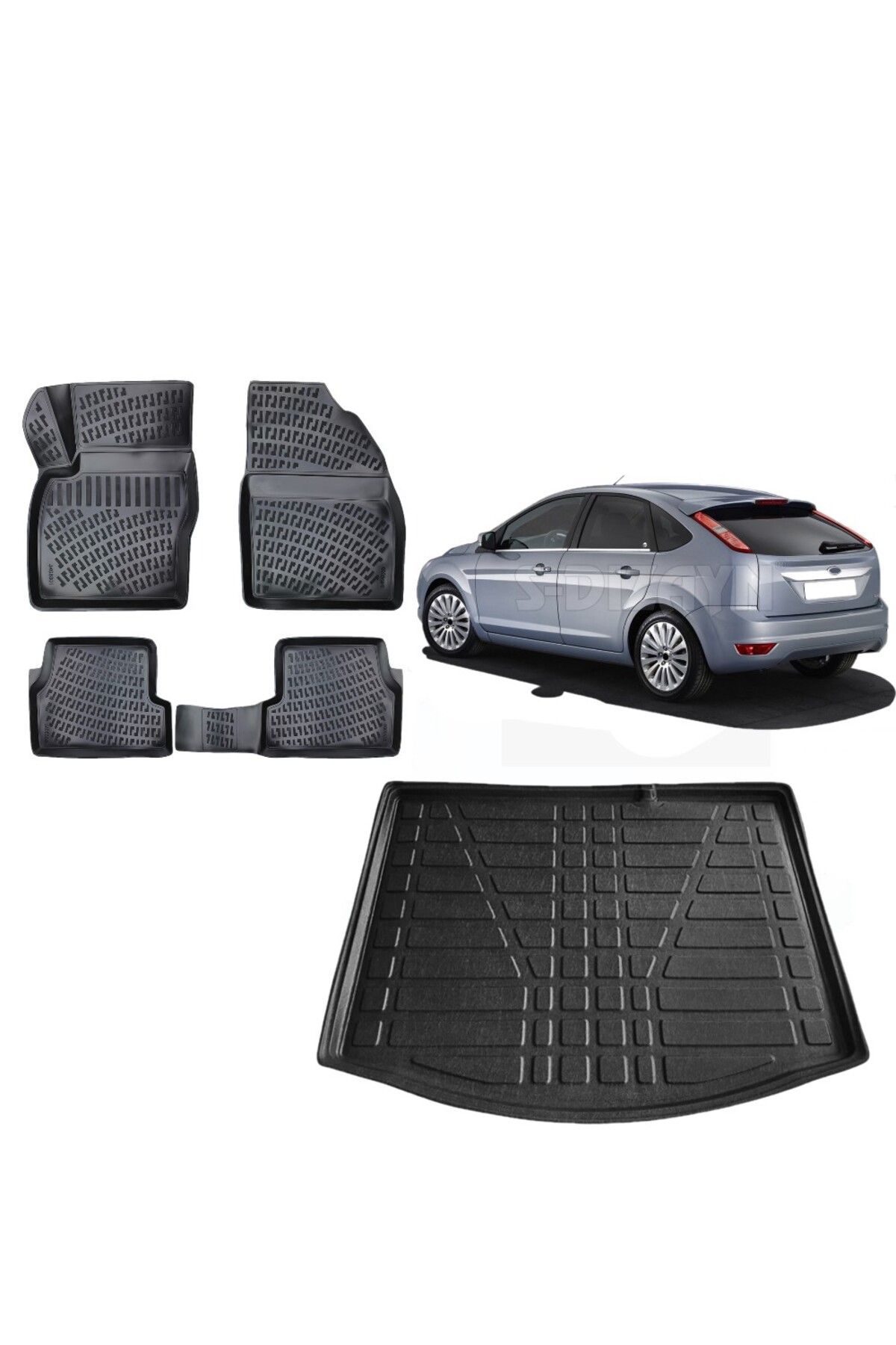 Focus 2 Hatchback 2007 İnce Stepne Model 3D Bagaj Havuzu+3D Havuzlu Araca Özel Paspas Takımı