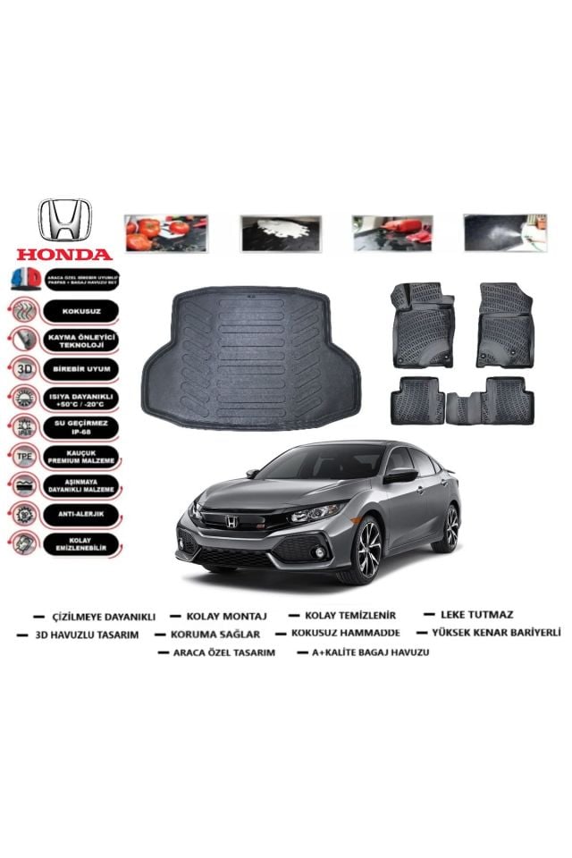 Honda Civic Sedan 2018 Model Bagaj Havuzu Araca Özel Paspas Takımı Prrox