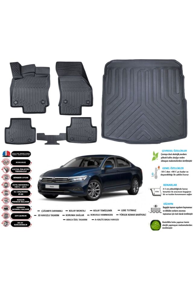 Volkswagen Passat B8 2017 Model Esnek Bagaj Havuzu Araca Özel Siyah Paspas Takımı