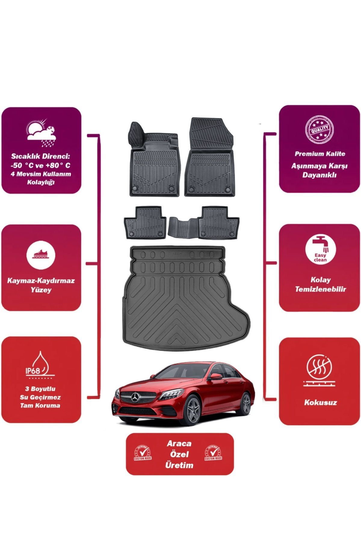 Mercedes C Serisi W205 2020 Model Rampalı Bagaj Havuzu Araca Özel Extra Havuzlu Paspas Takımı MAXİ