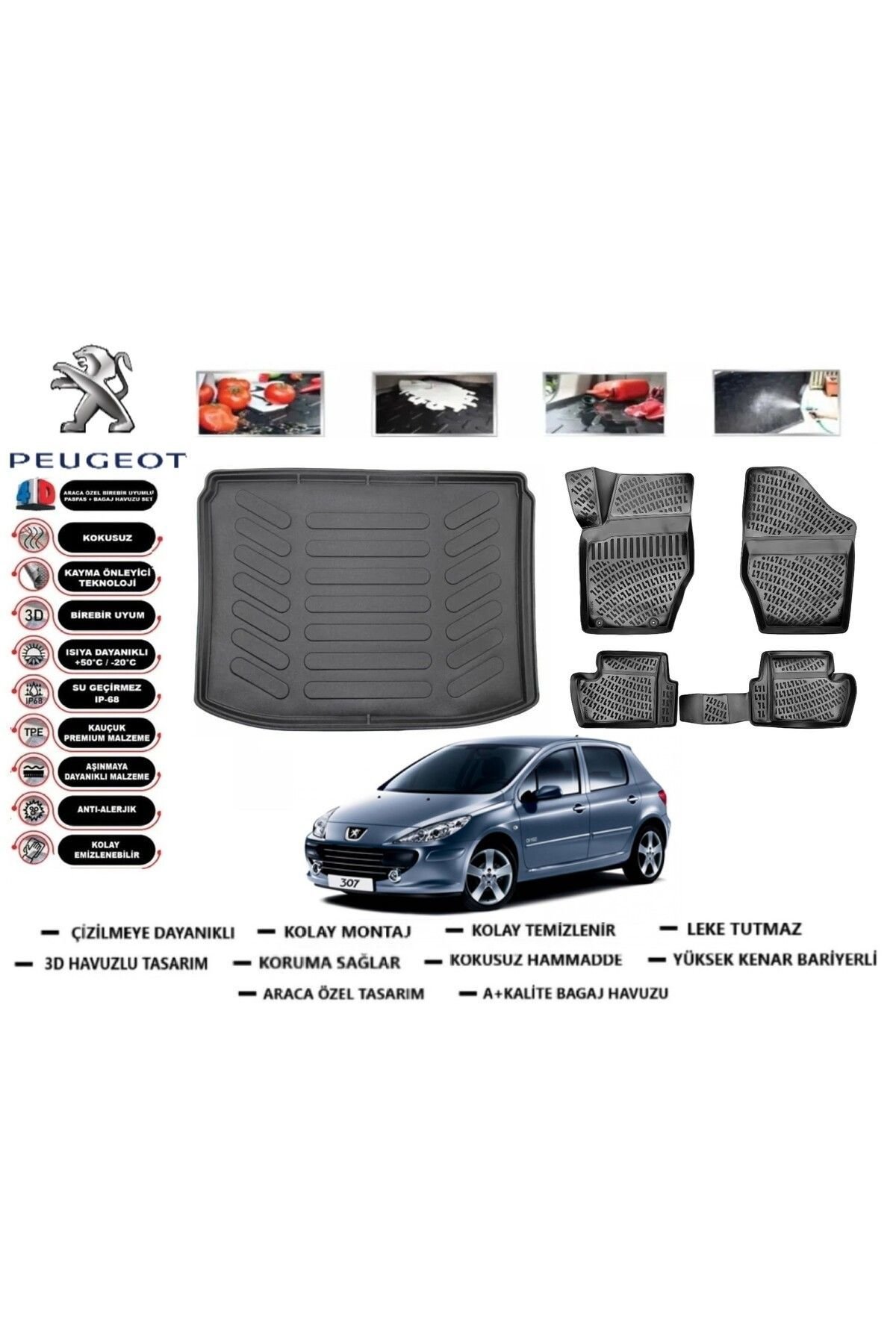 Peugeot 307 HB 2002 Model Bagaj Havuzu Araca Özel Paspas Takımı Flex