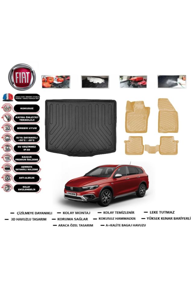 Fiat Egea Cross Wagon 2025 Model Alt Bagaj Havuzu+Araca Özel Bej Paspas Takımı Flex