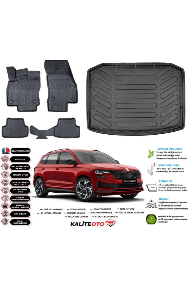 Skoda Karoq 2023 Model Esnek Bagaj Havuzu Araca Özel Siyah Paspas Takımı