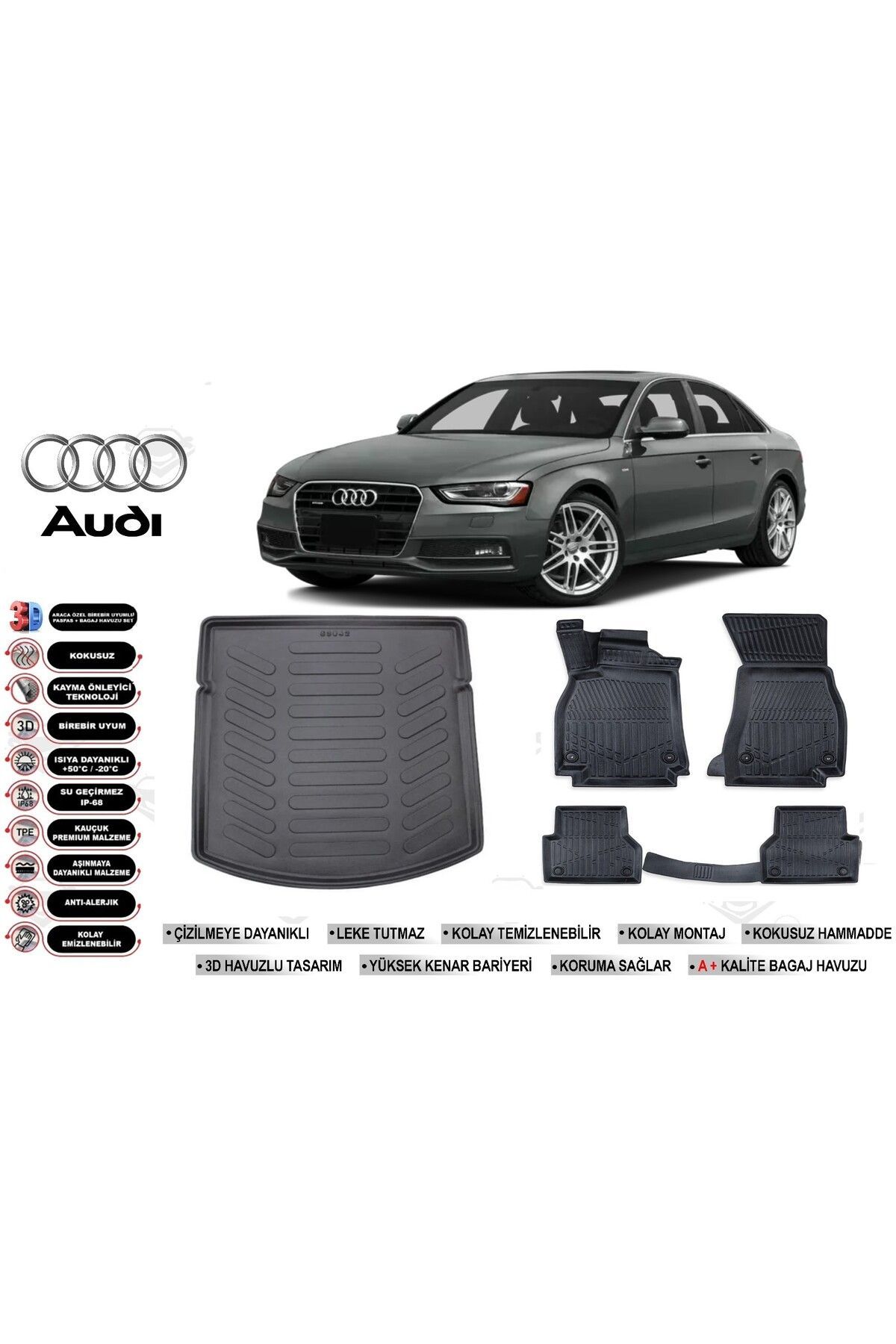 Audi A4 2013 Model Bagaj Havuzu Araca Özel Siyah Havuzlu Paspas Takımı Sett