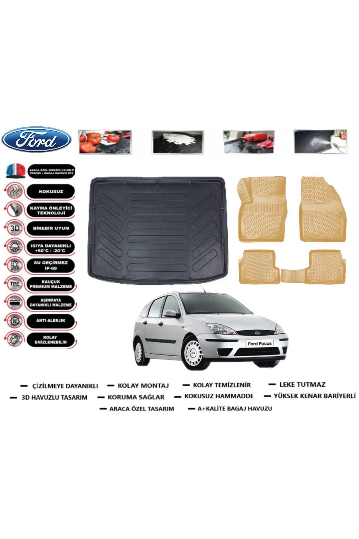 Ford Focus 1 HB 2001 Model Bagaj Havuzu+Araca Özel Bej Paspas Takımı Flex