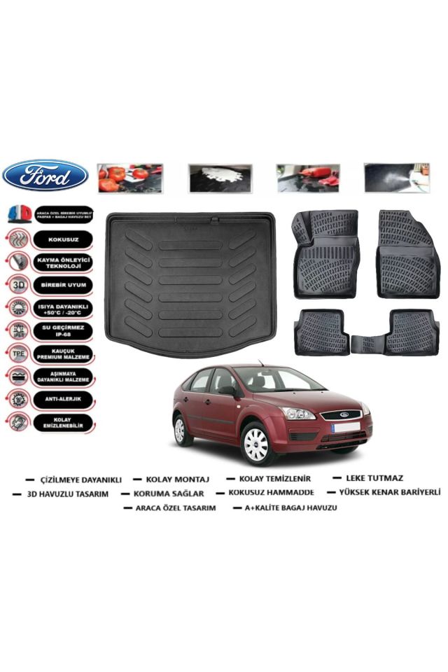 Ford Focus 2 HB 2005 Model Bagaj Havuzu Araca Özel Paspas Takımı Prrox