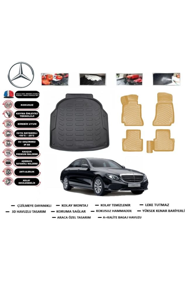 Mercedes E Serisi W213 2022 Model Plastik Setli Bagaj Havuzu+Araca Özel Bej Paspas Takımı Flex