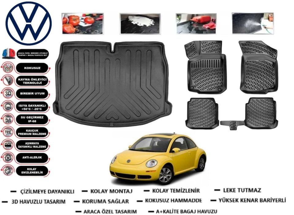 Volkswagen Beetle 1998-2011 3D Bagaj Havuzu+3D Araca Özel Paspas Takımı