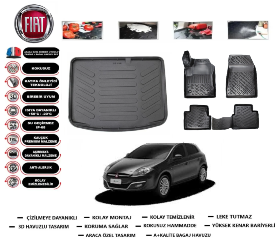 Fiat Bravo 2007-2014 3D Bagaj Havuzu+3D Araca Özel Paspas Takımı