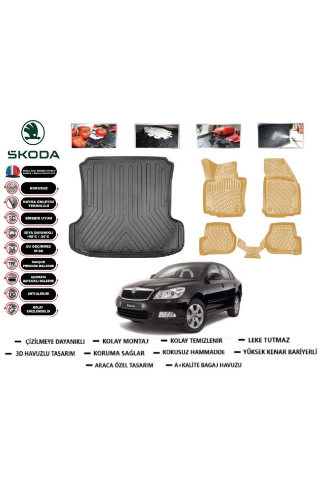 Skoda Octavia 2006 Model Bagaj Havuzu+Araca Özel Bej Paspas Takımı Flex