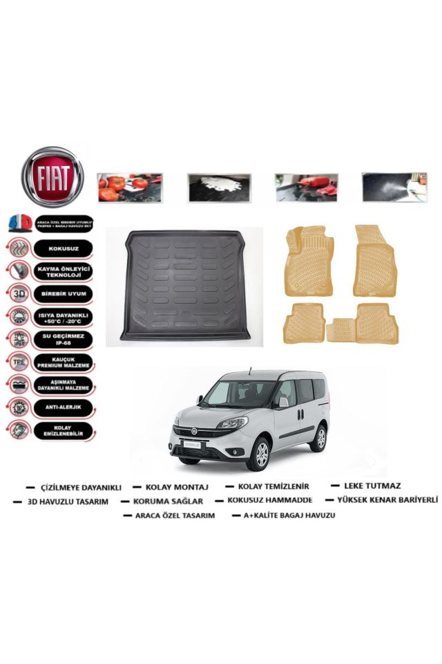 Fiat Doblo 2013 Model Bagaj Havuzu(paspası)+Araca Özel Bej Paspas Takımı Flex