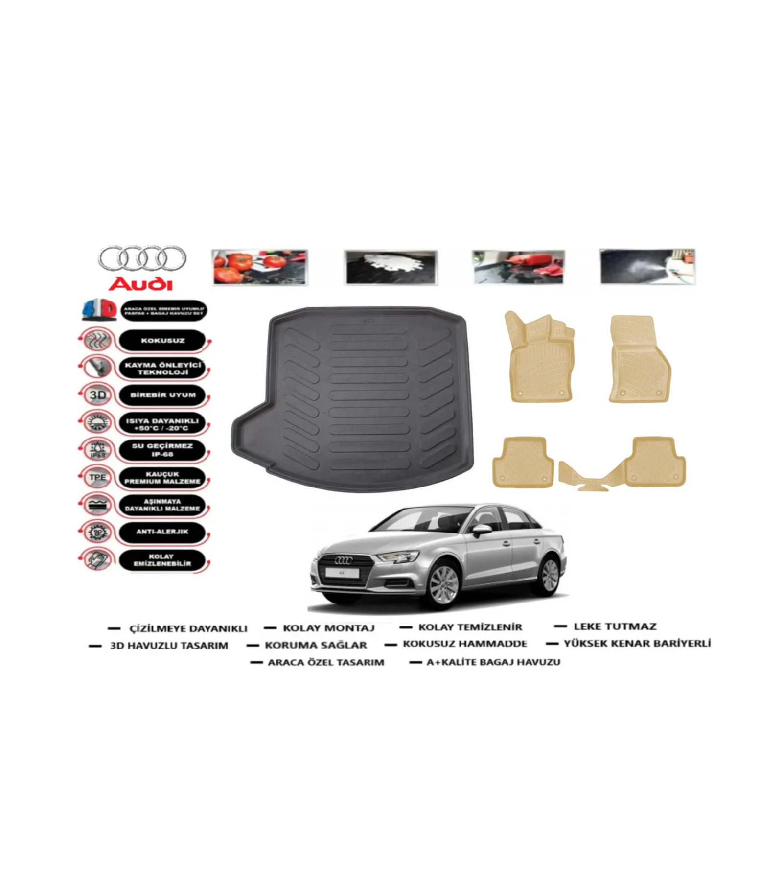 Audi A3 Sedan 2013-2020 Bagaj Havuzu+Araca Özel Bej Paspas Takımı Flex