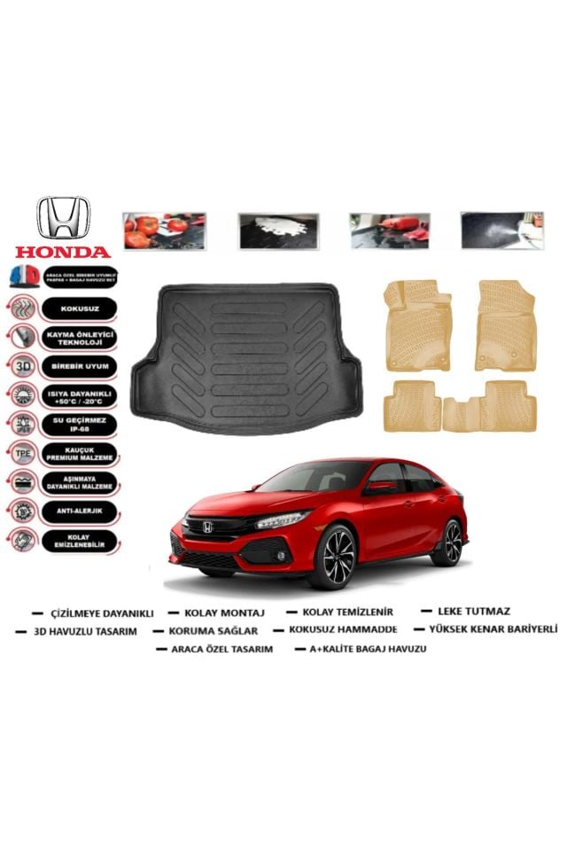 Honda Civic HB 2019 Model Bagaj Havuzu(paspası)+Araca Özel Bej Paspas Takımı Flex