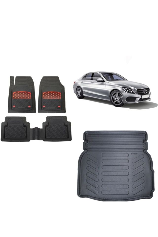 Mercedes C Serisi W205 2014 Model Rampalı 3D Bagaj+3D Havuzlu Safirr Kırmızı Kromlu Paspas