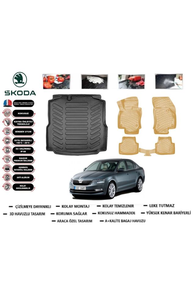 Skoda Octavia 2019 Model Bagaj Havuzu+Araca Özel Bej Paspas Takımı Flex