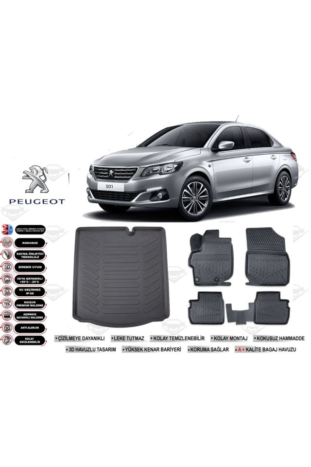 Peugeot 301 2016 Model Bagaj Havuzu Araca Özel Siyah Havuzlu Paspas Takımı Sett