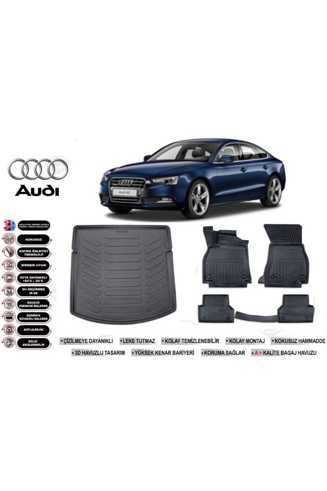 Audi A5 2016 Model Bagaj Havuzu Araca Özel Siyah Havuzlu Paspas Takımı Sett