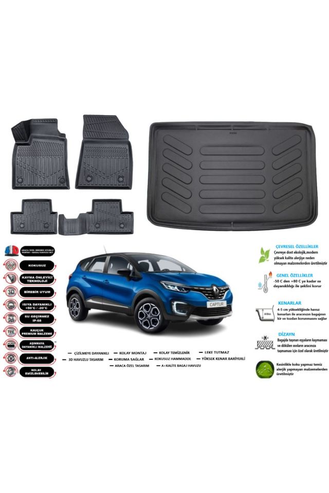 Renault Captur 2018 Model Esnek Bagaj Havuzu Araca Özel Siyah Paspas Takımı