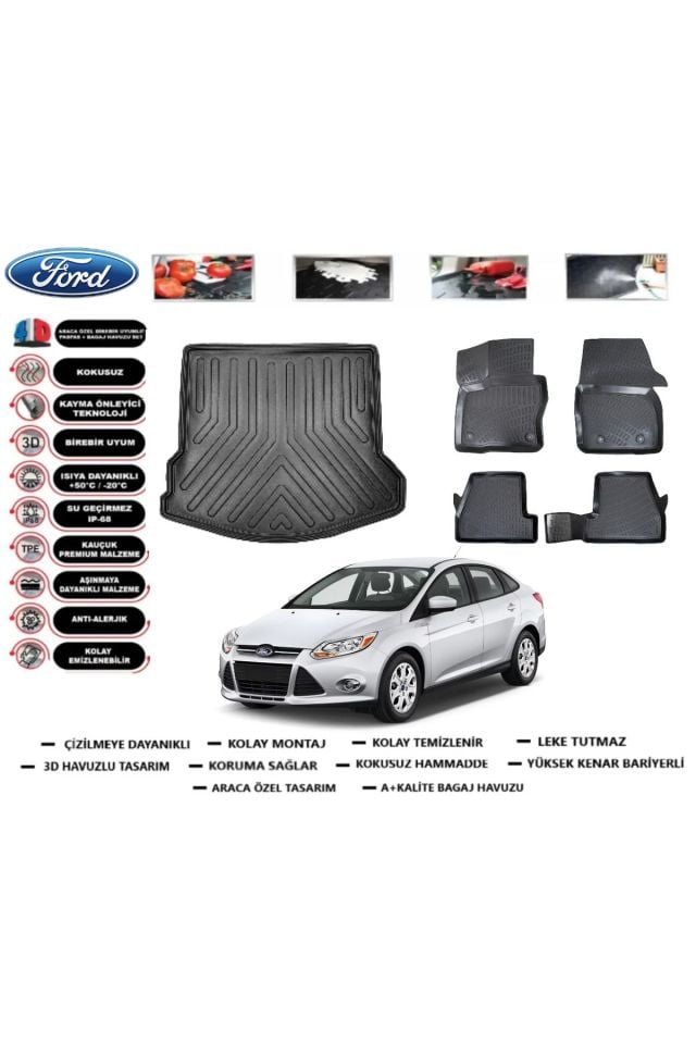 Ford Focus 3 Sedan 2011 Model Bagaj Havuzu Araca Özel Paspas Takımı Flex