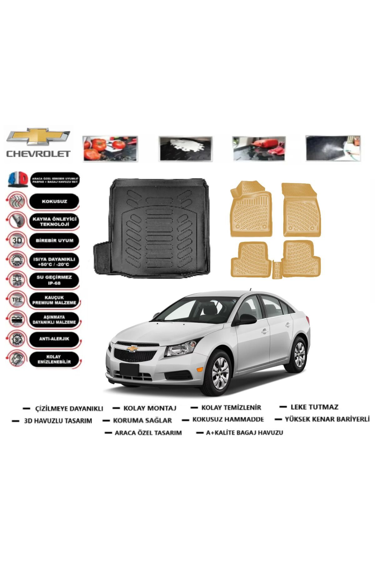 Chevrolet Cruze Sedan Tek Kulak 2010 Model Bagaj Havuzu+Araca Özel Bej Paspas Takımı Flex