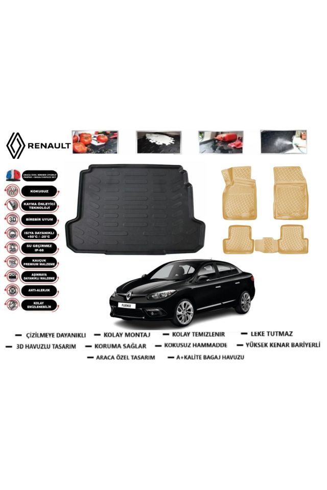 Renault Fluence 2014 Model Bagaj Havuzu+Araca Özel Bej Paspas Takımı Flex