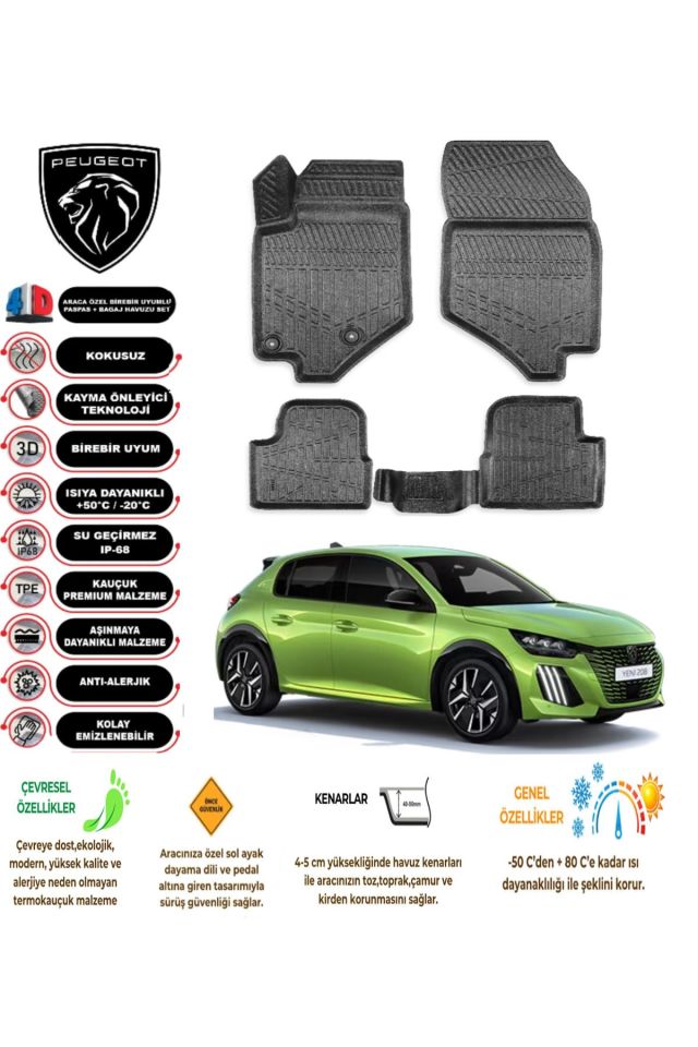 Peugeot 208 2021 Model 4D Araca Özel Havuzlu Paspas Takımı