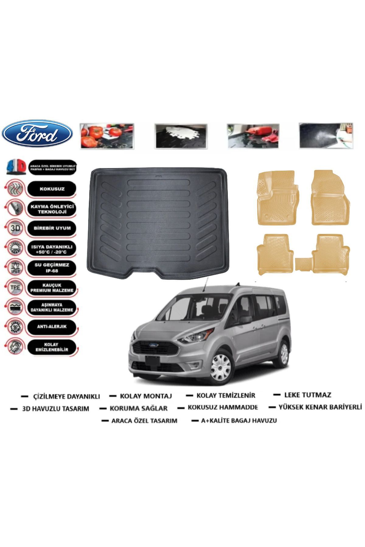 Ford Tourneo Connect 2015 Model Bagaj Havuzu+Araca Özel Bej Paspas Takımı Flex