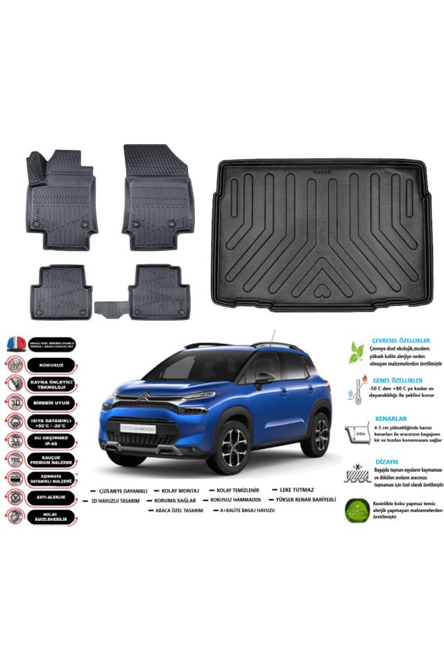 Citroen C3 Aircross 2022 Model Alt Kademe Esnek Bagaj Havuzu Araca Özel Siyah Paspas Takımı