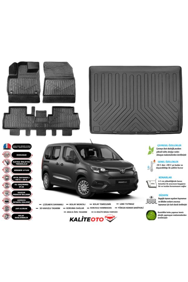 Toyota Proace Cıty 2023 Model Esnek Bagaj Havuzu Araca Özel Siyah Paspas Takımı