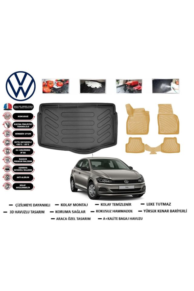Volkswagen Polo 2021 Model Alt Bagaj Havuzu(paspası)+Araca Özel Bej Paspas Takımı Flex