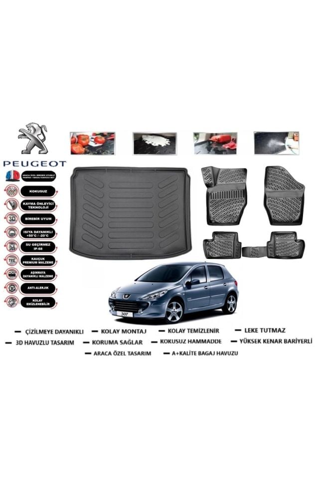 Peugeot 307 HB 2007 Model Bagaj Havuzu Araca Özel Paspas Takımı Flex