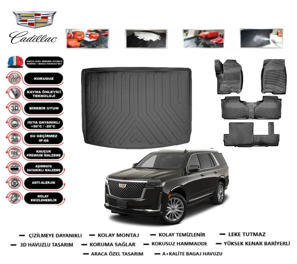 Cadillac Escalade ESV 7-8 Koltuk 2021 Sonrası Bagaj Havuzu+3D Havuzlu Paspas Takımı