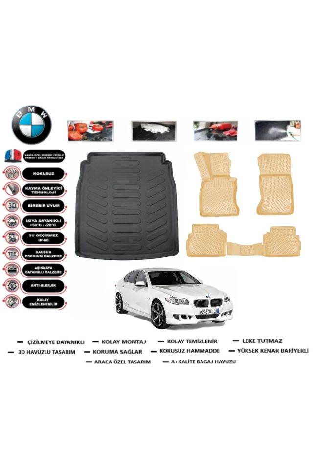 Bmw 5 serisi F10 2011 Model Bagaj Havuzu+Araca Özel Bej Paspas Takımı Flex