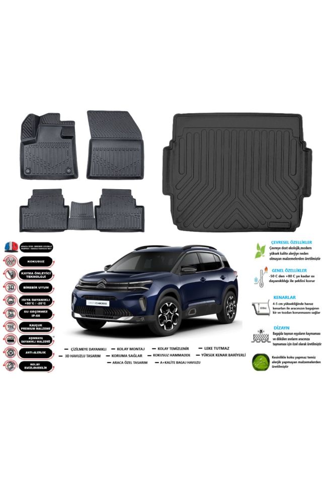 Citroen C5 Aircross 2017 Model Üst Esnek Bagaj Havuzu Araca Özel Siyah Paspas Takımı