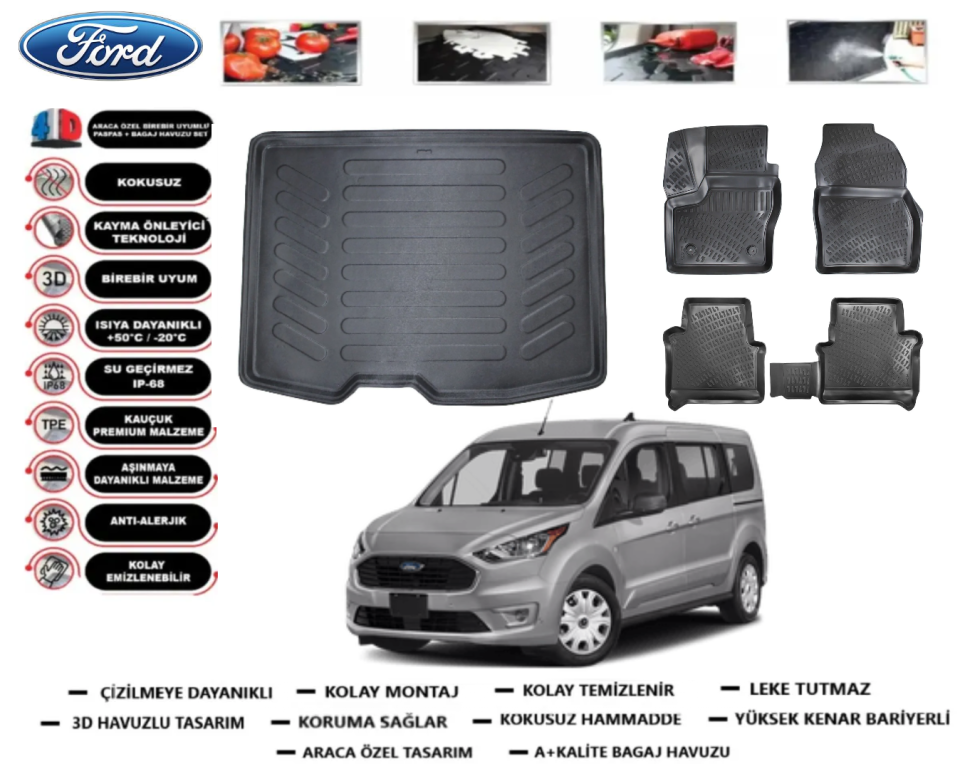 Ford Connect 2013 Sonrası Bagaj Havuzu+3D Araca Özel Paspas Takımı