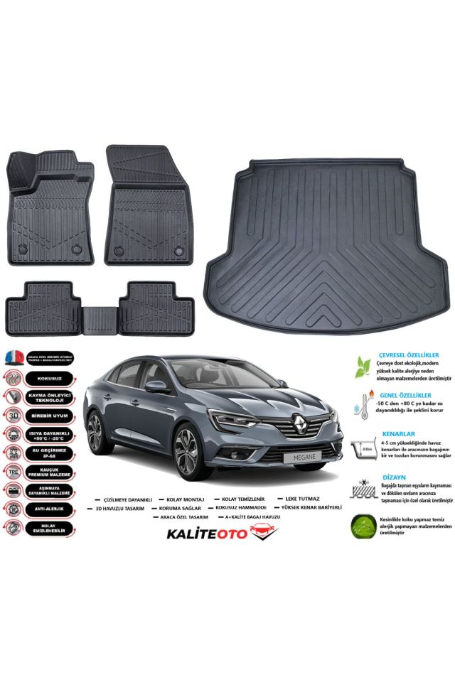 Renault Megane 4 2016 Model Çift Kulak Esnek Bagaj Havuzu Araca Özel Siyah Paspas Takımı