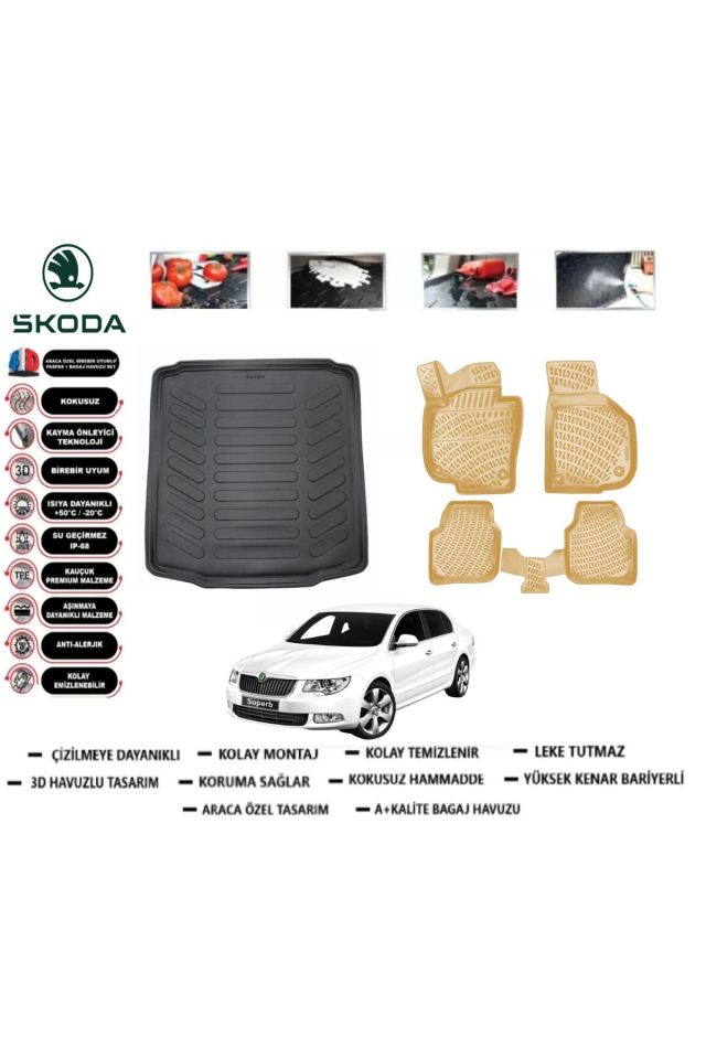 Skoda Super B 2011 Model Bagaj Havuzu+Araca Özel Bej Paspas Takımı Flex