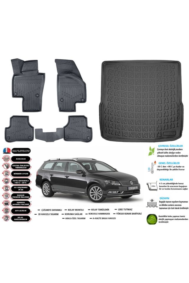 Volkswagen Passat B7 Variant 2014 Model Esnek Bagaj Havuzu Araca Özel Siyah Paspas Takımı